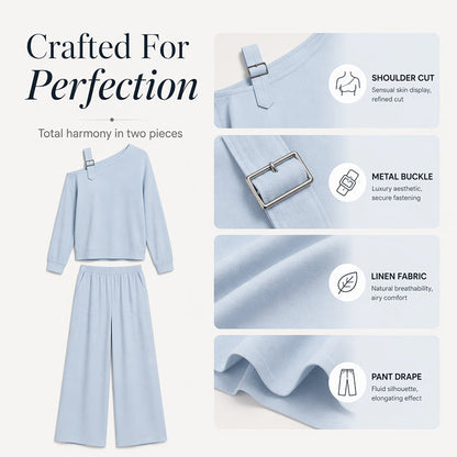 🔥BestSeller🔥Two-piece set with off-the-shoulder top and wide-leg pants—in a soft linen blend for an elegant silhouette