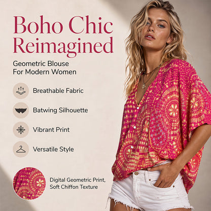 Trending Now⭐👚 Boho Print Batwing Sleeve Top – Flowing V-Neck & Effortless Bohemian Style
