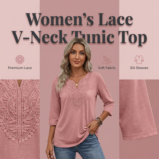 Women's V-Neck Lace Trim 3/4 Sleeve Tunic Top