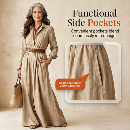 Women Long Sleeve Shirt Maxi Dress with Belt Classic Turndown Collar Holiday Resort Long Dress