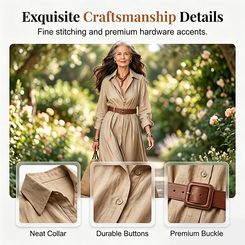 Women Long Sleeve Shirt Maxi Dress with Belt Classic Turndown Collar Holiday Resort Long Dress