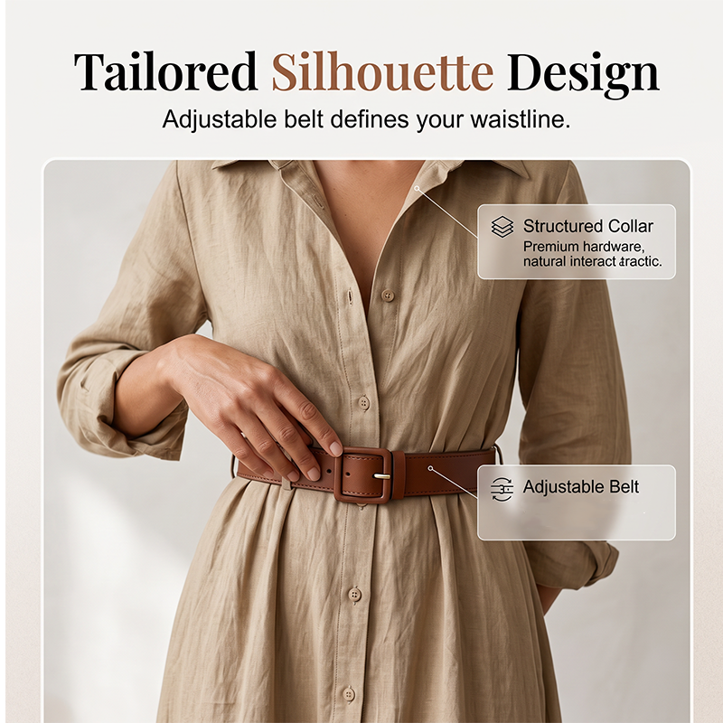 Women Long Sleeve Shirt Maxi Dress with Belt Classic Turndown Collar Holiday Resort Long Dress