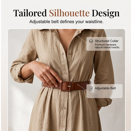 Women Long Sleeve Shirt Maxi Dress with Belt Classic Turndown Collar Holiday Resort Long Dress