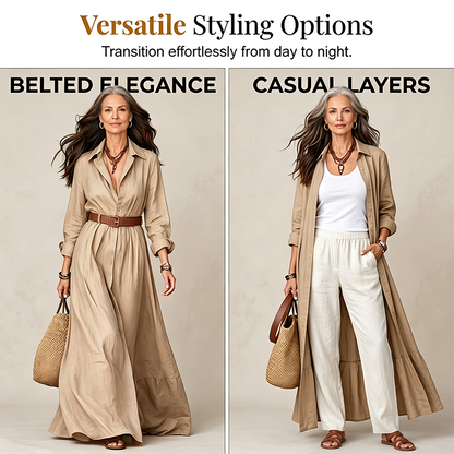 Women Long Sleeve Shirt Maxi Dress with Belt Classic Turndown Collar Holiday Resort Long Dress