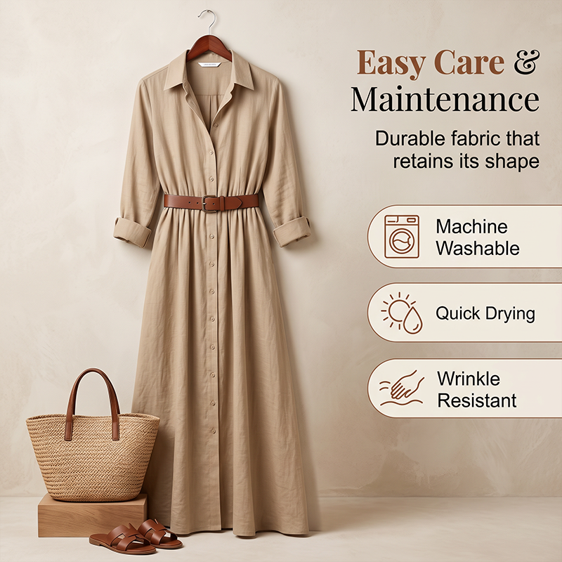 Women Long Sleeve Shirt Maxi Dress with Belt Classic Turndown Collar Holiday Resort Long Dress