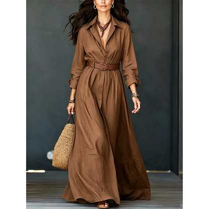 Women Long Sleeve Shirt Maxi Dress with Belt Classic Turndown Collar Holiday Resort Long Dress