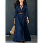Women Long Sleeve Shirt Maxi Dress with Belt Classic Turndown Collar Holiday Resort Long Dress