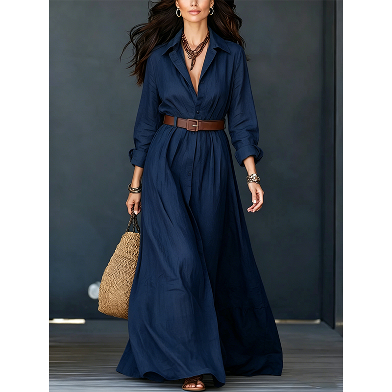 Women Long Sleeve Shirt Maxi Dress with Belt Classic Turndown Collar Holiday Resort Long Dress