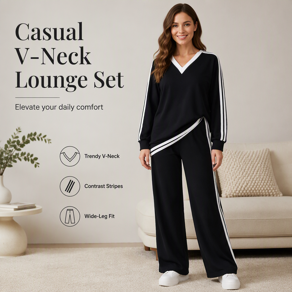 ⌛Limited-Time Discount-Women's Two-Piece Casual Set V-Neck Long Sleeve Top and Wide Leg Striped Pants Outfit