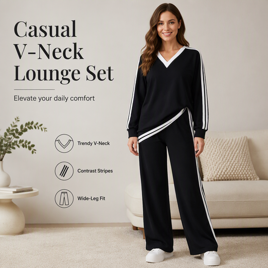 ⌛Limited-Time Discount-Women's Two-Piece Casual Set V-Neck Long Sleeve Top and Wide Leg Striped Pants Outfit