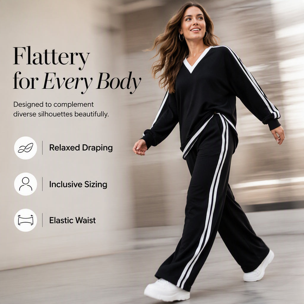 ⌛Limited-Time Discount-Women's Two-Piece Casual Set V-Neck Long Sleeve Top and Wide Leg Striped Pants Outfit