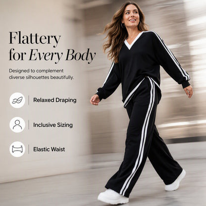 ⌛Limited-Time Discount-Women's Two-Piece Casual Set V-Neck Long Sleeve Top and Wide Leg Striped Pants Outfit