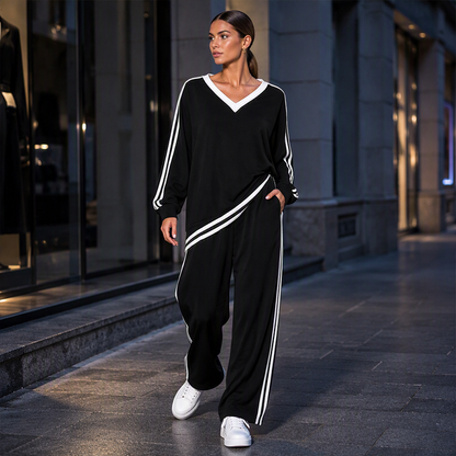 ⌛Limited-Time Discount-Women's Two-Piece Casual Set V-Neck Long Sleeve Top and Wide Leg Striped Pants Outfit