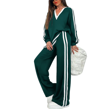 ⌛Limited-Time Discount-Women's Two-Piece Casual Set V-Neck Long Sleeve Top and Wide Leg Striped Pants Outfit