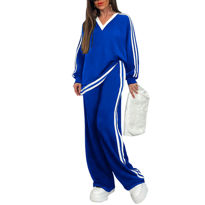 ⌛Limited-Time Discount-Women's Two-Piece Casual Set V-Neck Long Sleeve Top and Wide Leg Striped Pants Outfit