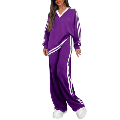 ⌛Limited-Time Discount-Women's Two-Piece Casual Set V-Neck Long Sleeve Top and Wide Leg Striped Pants Outfit