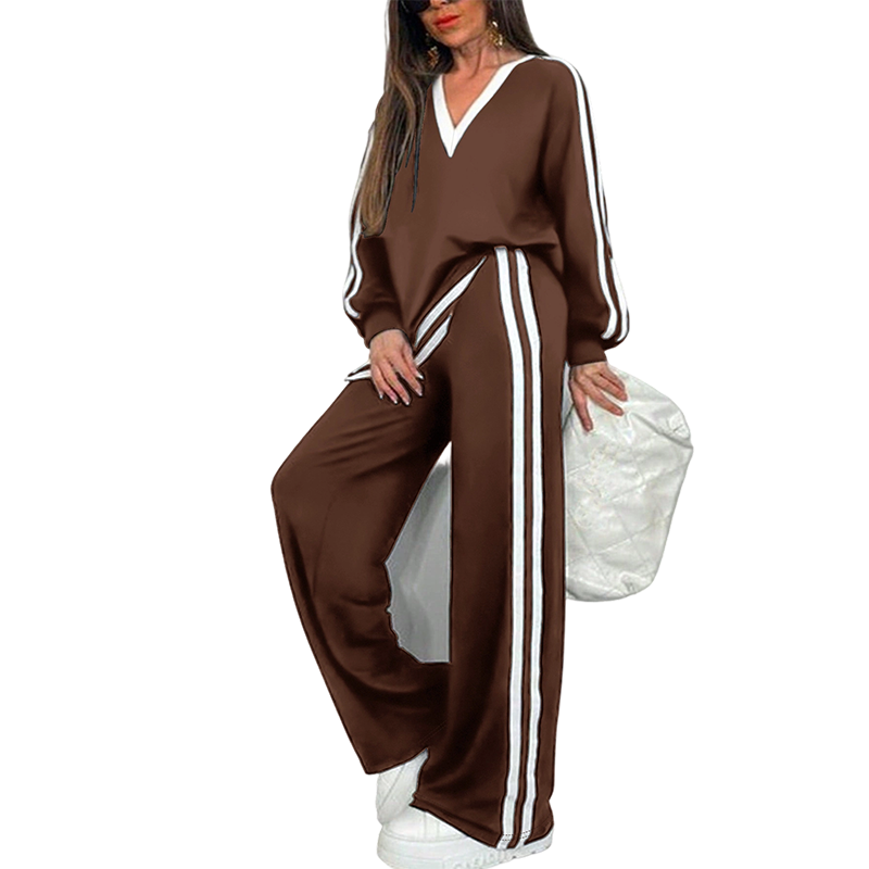 ⌛Limited-Time Discount-Women's Two-Piece Casual Set V-Neck Long Sleeve Top and Wide Leg Striped Pants Outfit