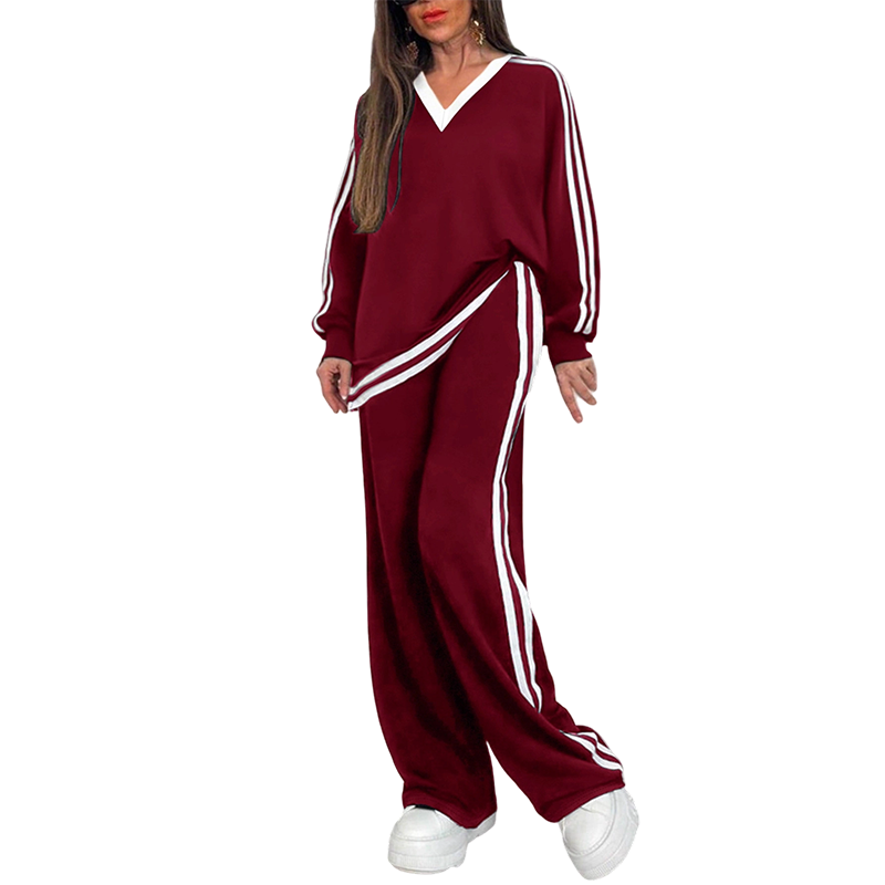 ⌛Limited-Time Discount-Women's Two-Piece Casual Set V-Neck Long Sleeve Top and Wide Leg Striped Pants Outfit