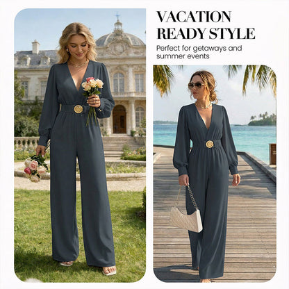 Elegant V-Neck Wide-Leg Jumpsuit with Belt