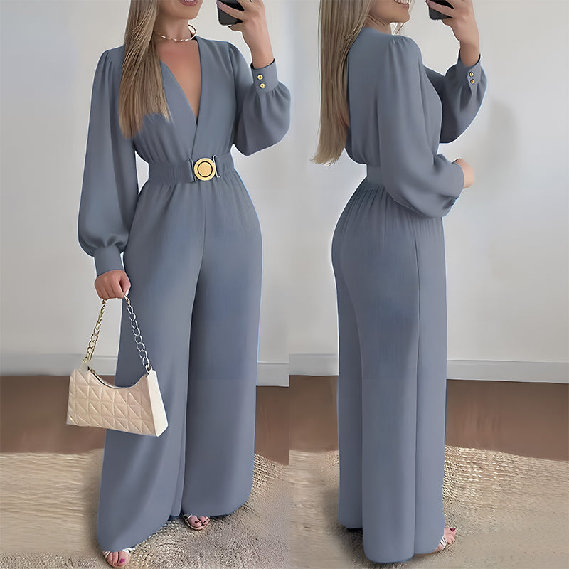 Elegant V-Neck Wide-Leg Jumpsuit with Belt