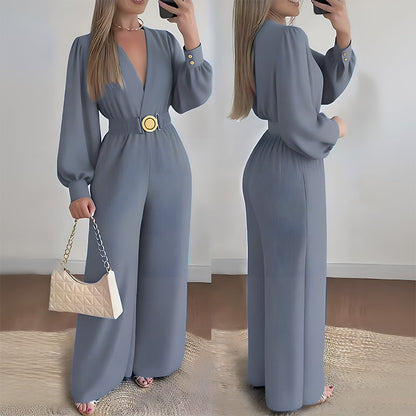 Elegant V-Neck Wide-Leg Jumpsuit with Belt