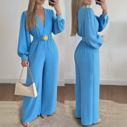 Elegant V-Neck Wide-Leg Jumpsuit with Belt