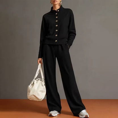 Women's Button-Down Cardigan & Wide-Leg Pants Set – Effortless 2-Piece Outfit ⭐
