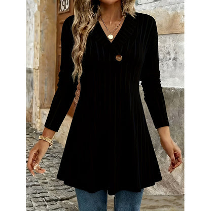 Women's V Neck Ribbed Knit Casual Top