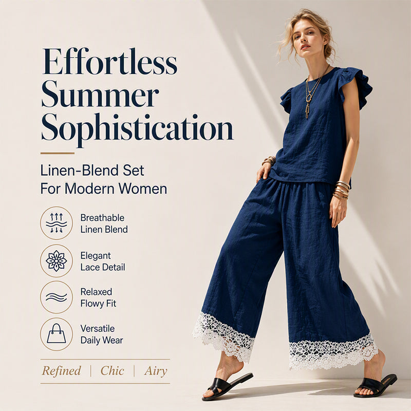 Women's Summer Ruffle Sleeve Top & Lace Hem Pants Set