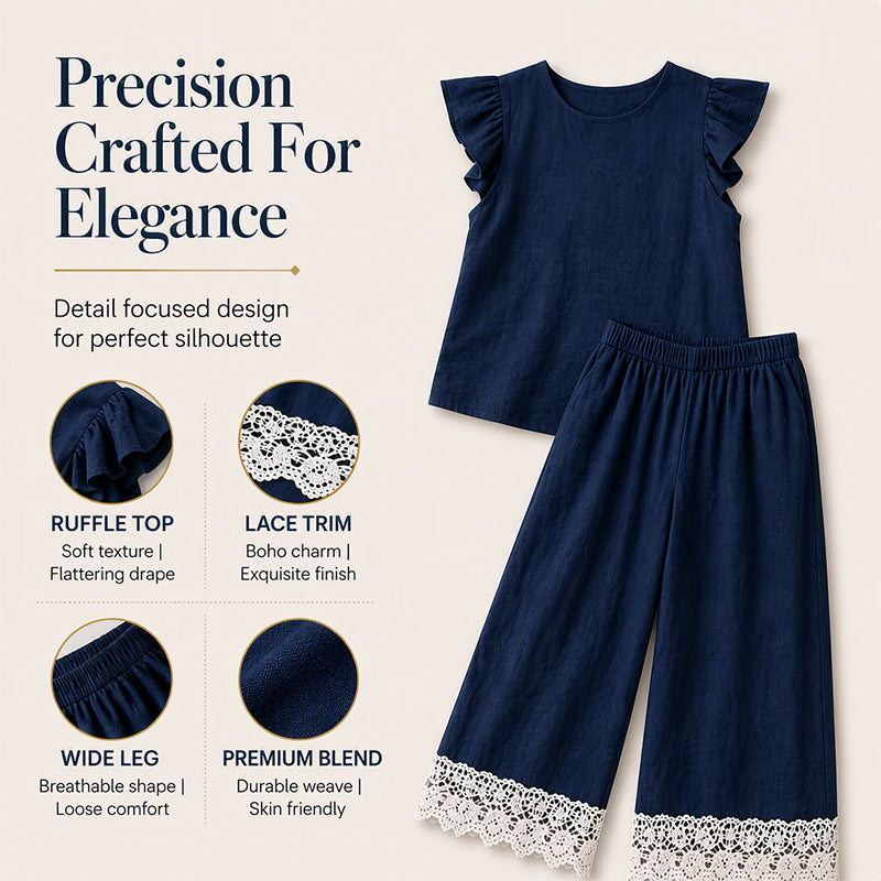 Women's Summer Ruffle Sleeve Top & Lace Hem Pants Set
