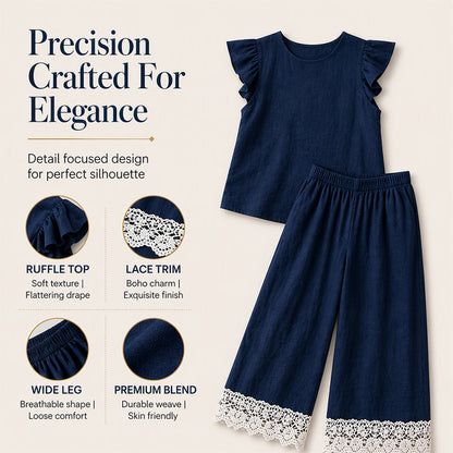 Women's Summer Ruffle Sleeve Top & Lace Hem Pants Set