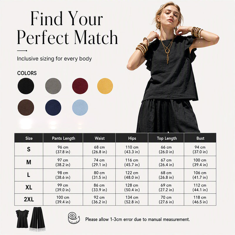 Women's Summer Ruffle Sleeve Top & Lace Hem Pants Set