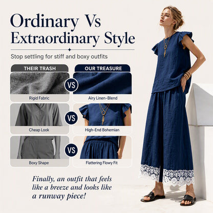 Women's Summer Ruffle Sleeve Top & Lace Hem Pants Set