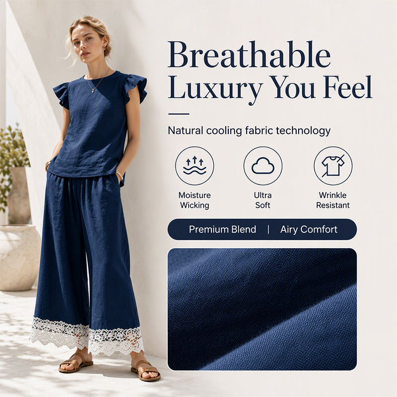 Women's Summer Ruffle Sleeve Top & Lace Hem Pants Set
