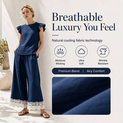 Women's Summer Ruffle Sleeve Top & Lace Hem Pants Set