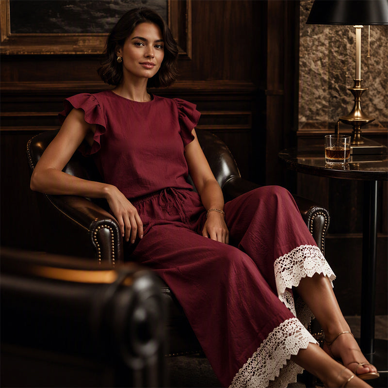Women's Summer Ruffle Sleeve Top & Lace Hem Pants Set
