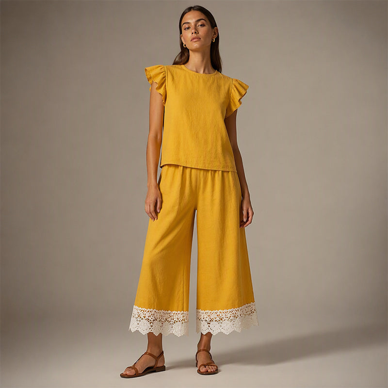 Women's Summer Ruffle Sleeve Top & Lace Hem Pants Set
