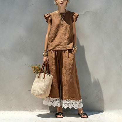 Women's Summer Ruffle Sleeve Top & Lace Hem Pants Set