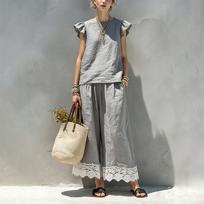 Women's Summer Ruffle Sleeve Top & Lace Hem Pants Set