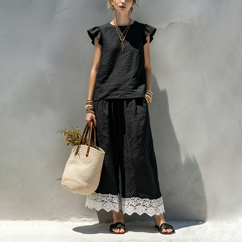 Women's Summer Ruffle Sleeve Top & Lace Hem Pants Set