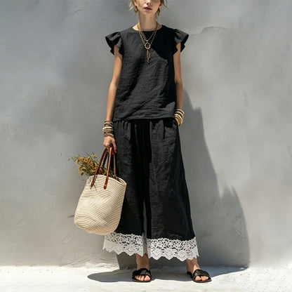 Women's Summer Ruffle Sleeve Top & Lace Hem Pants Set