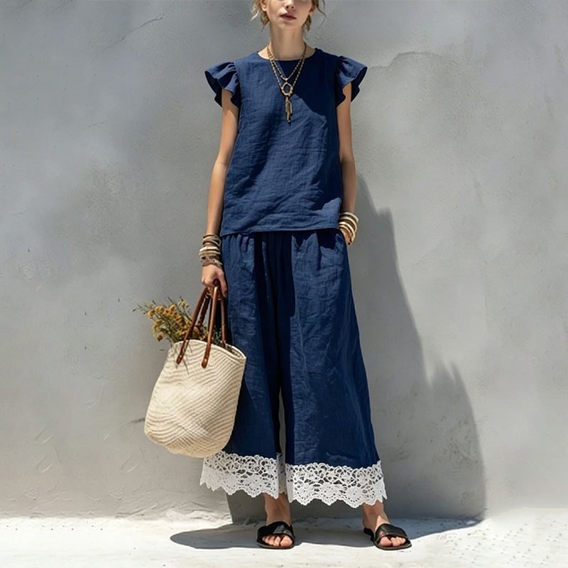 Women's Summer Ruffle Sleeve Top & Lace Hem Pants Set
