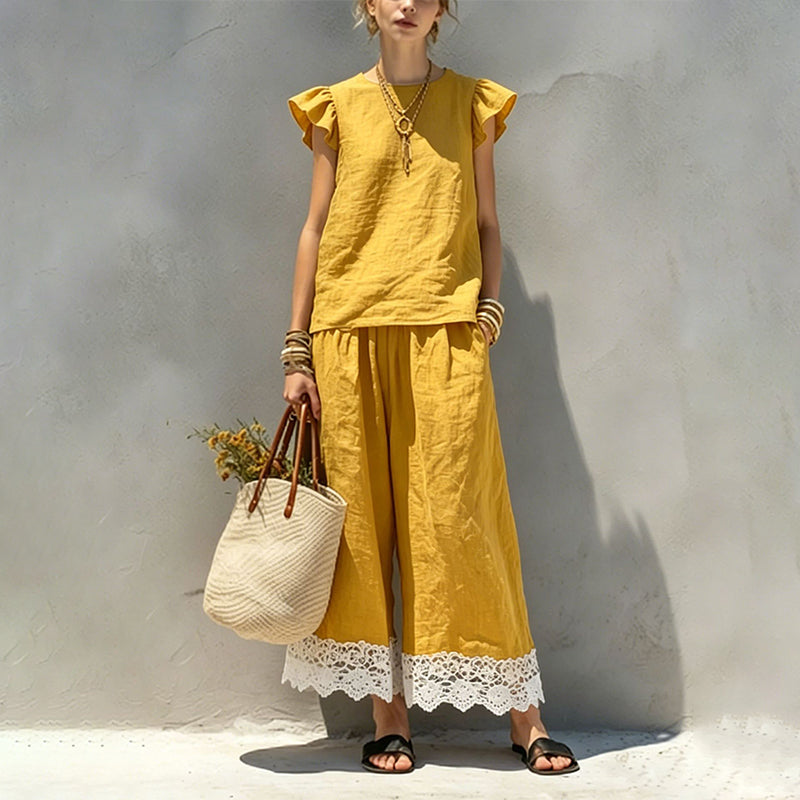 Women's Summer Ruffle Sleeve Top & Lace Hem Pants Set