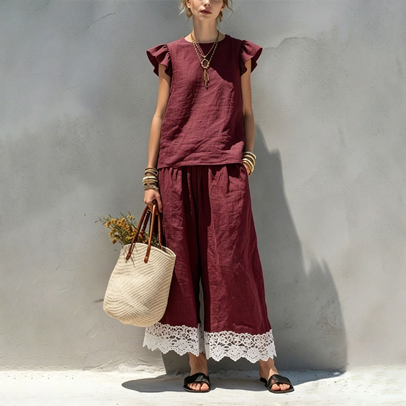 Women's Summer Ruffle Sleeve Top & Lace Hem Pants Set