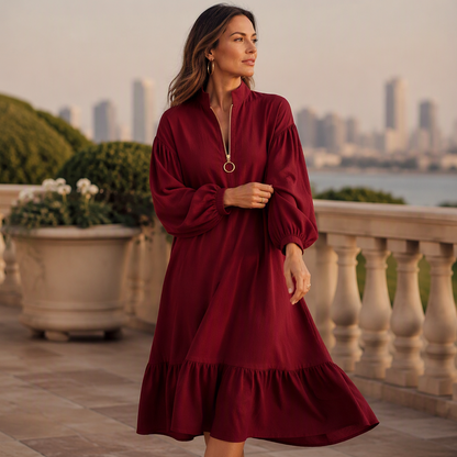 Women's Half-Zip Stand Collar Dress with Lantern Sleeves