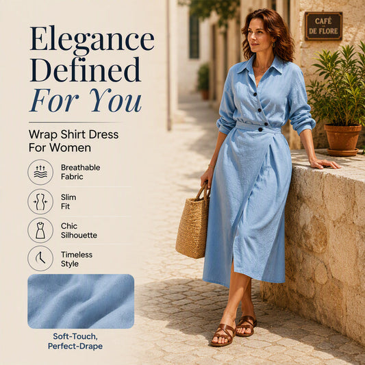 Women's Lapel Wrap Midi Shirt Dress with Pockets