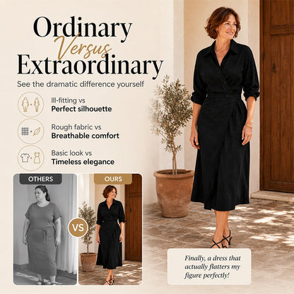 Women's Lapel Wrap Midi Shirt Dress with Pockets
