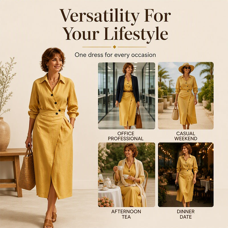 Women's Lapel Wrap Midi Shirt Dress with Pockets