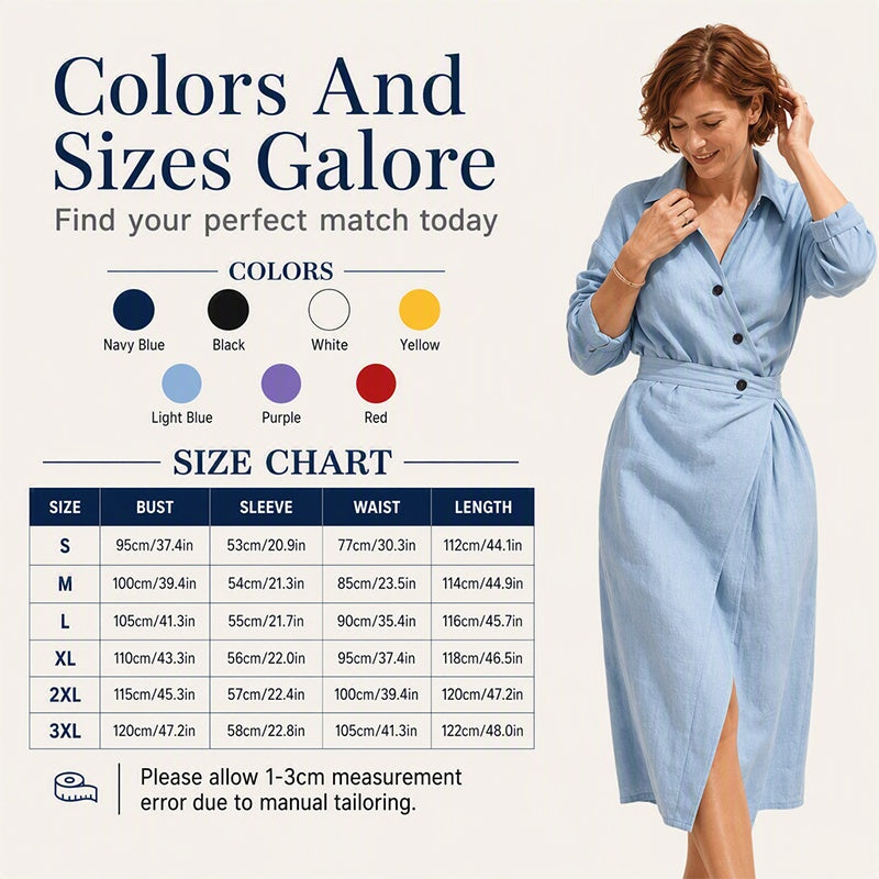 Women's Lapel Wrap Midi Shirt Dress with Pockets
