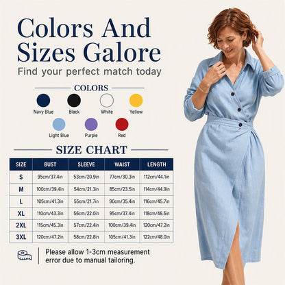 Women's Lapel Wrap Midi Shirt Dress with Pockets